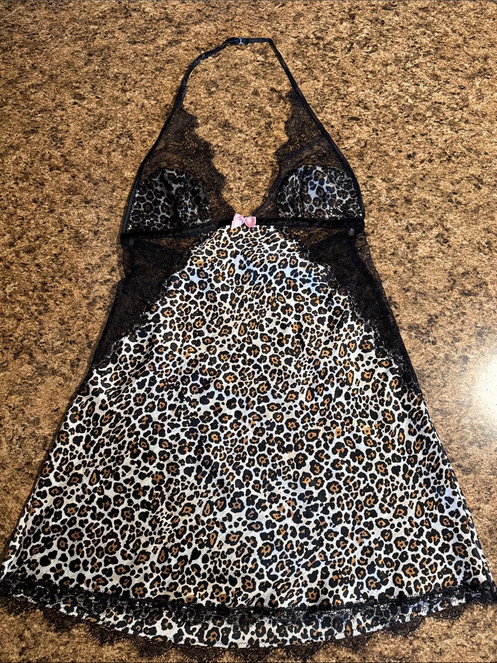 Victoria's Secret Black & Leopard Lace Halter Mini Slip